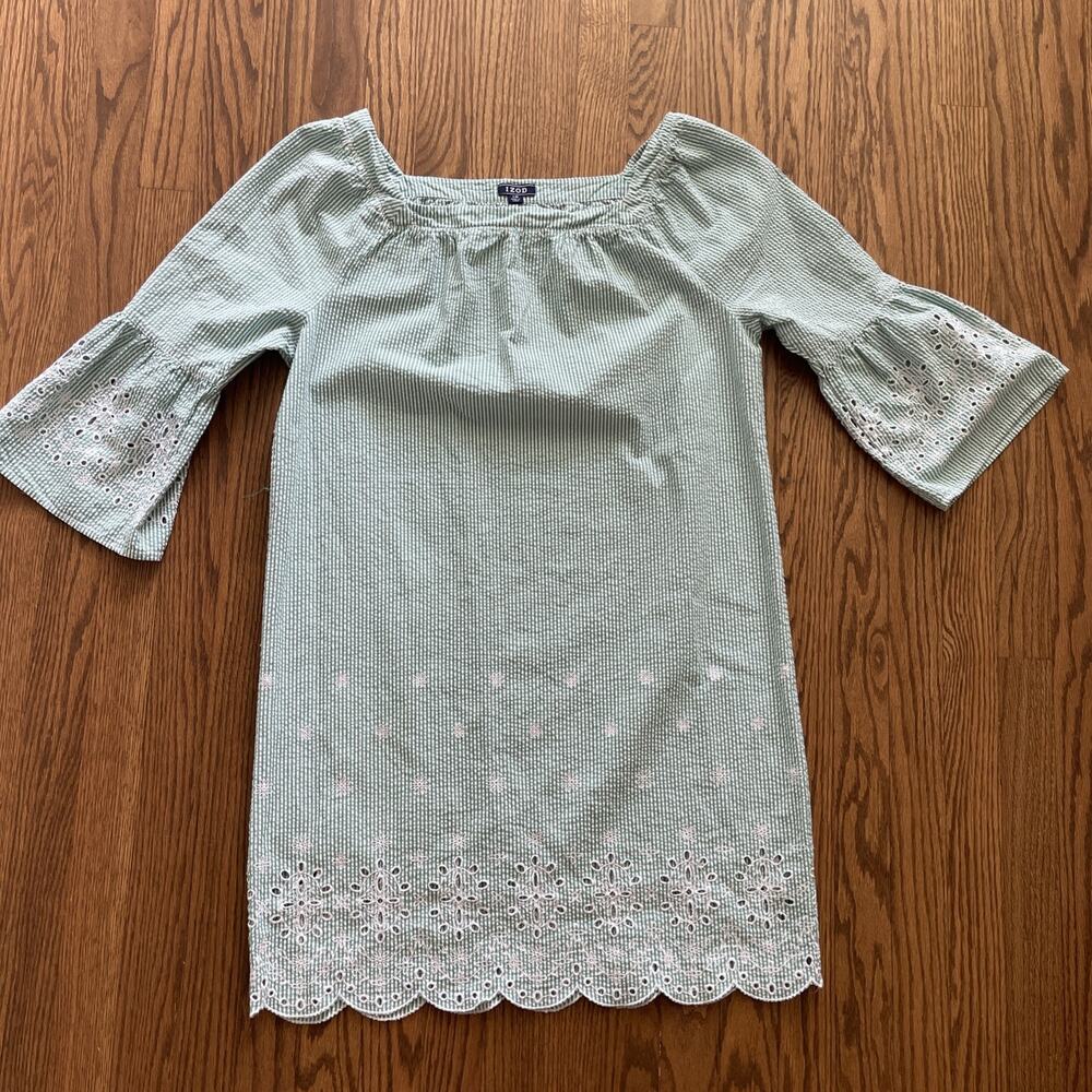IZOD Womens 100% Cotton Seersucker Dress Embroidery Size Large Bell Sleeve